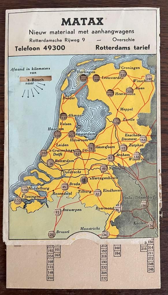 75 jaar oude  uitschuifbare kilometer tabel voor afstanden, Boeken, Catalogussen en Folders, Ophalen of Verzenden