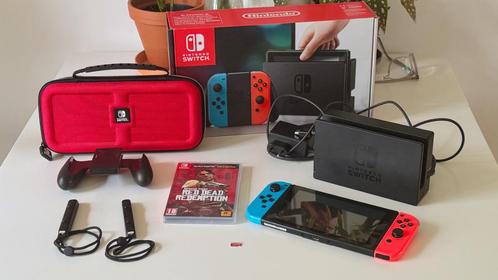 Nintendo Switch (V1), Box, 4x Joy-Cons, 128GB, Case, Game, Spelcomputers en Games, Spelcomputers | Nintendo Switch, Zo goed als nieuw