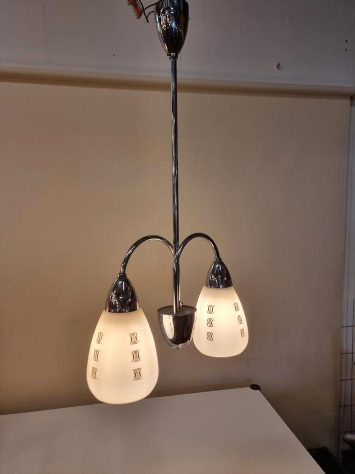 Vintage pendellamp chroom en glas jaren 60, Huis en Inrichting, Lampen | Hanglampen, Zo goed als nieuw, Minder dan 50 cm, Glas