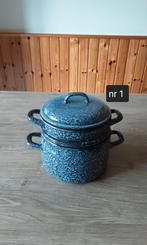 EMAILLE GRIJSGEWOLKTE STOOMPAN DIAMETER 18CM., Ophalen of Verzenden