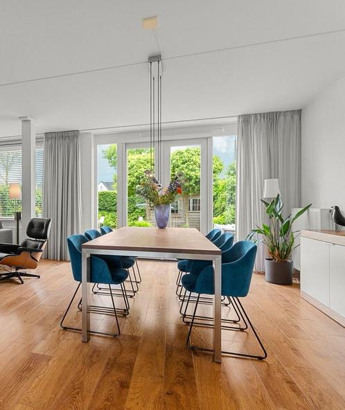 6 Design Eetkamerstoelen Donkerblauw, Huis en Inrichting, Stoelen, Gebruikt, Vijf, Zes of meer stoelen, Metaal, Blauw, Ophalen of Verzenden