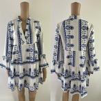 Dames bohemian jurk volants ruffles wit blauw print V-hals M, Maat 38/40 (M), Blauw, Ophalen of Verzenden, Gedragen