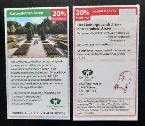 Kasteeltuinen Arcen 20% korting, Tickets en Kaartjes, Kortingen en Cadeaubonnen, Drie personen of meer, Overige typen, Kortingsbon