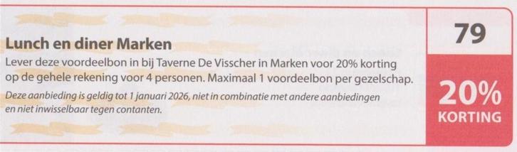 Lunch en diner Marken. 20% korting Postcodeloterij bon nr 79, Tickets en Kaartjes, Kortingen en Cadeaubonnen, Drie personen of meer