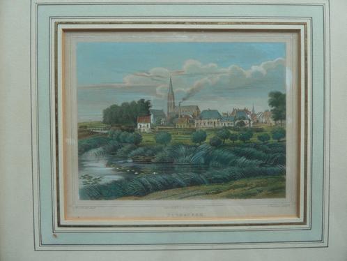 vintage handgekleurde gravure dorpsgezicht DOESBURGH, Antiek en Kunst, Kunst | Etsen en Gravures, Ophalen of Verzenden