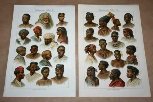2 antieke kleurenlitho's - Volken van Afrika - Circa 1900 !!, Antiek en Kunst, Kunst | Litho's en Zeefdrukken, Ophalen of Verzenden