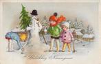 NIEUWJAAR Kinderen maken sneeuwpop uit jaren 30, Verzamelen, Ansichtkaarten | Themakaarten, Verzenden, 1920 tot 1940, Gelopen