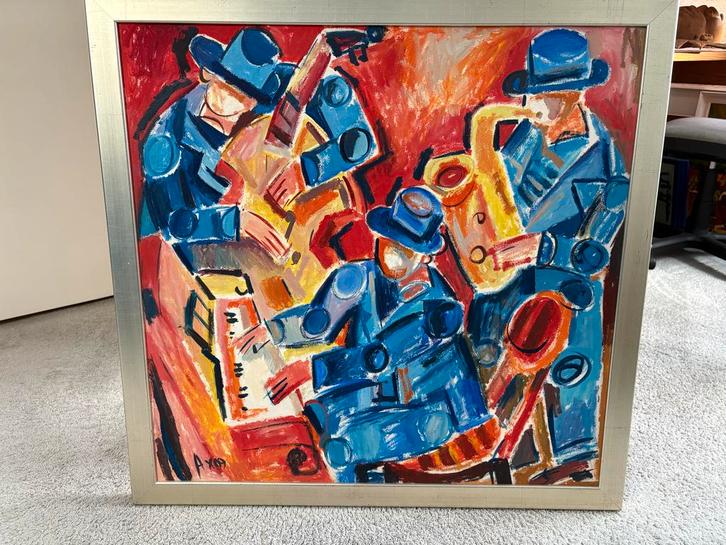 Jazz Gezelschap - Gesigneerd Schilderij, Antiek en Kunst, Kunst | Schilderijen | Klassiek, Ophalen