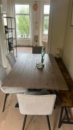 Tafel + 4 stevige stoelen, 2 bankjes (alles is los te koop), Ophalen, Gebruikt, Industrieel, 4 tot 6 stoelen