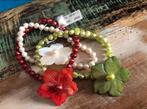 Armbanden bloem stretch zoetwater parels groen rood creme, Sieraden, Tassen en Uiterlijk, Armbanden, Nieuw, Verzenden, Rood