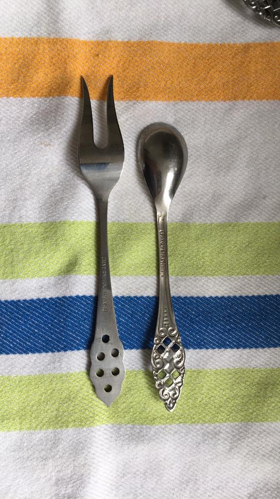 Vintage vork & lepel set jaren '60, Antiek en Kunst, Antiek | Bestek, Ophalen of Verzenden