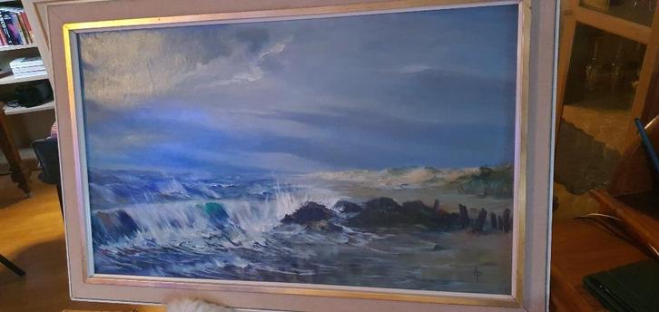 schilderij met zeezicht, Getekend door A P., Antiek en Kunst, Kunst | Schilderijen | Klassiek, Ophalen