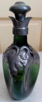 Art-Deco groene glazen karaf met tin beslag, Antiek en Kunst, Antiek | Tin, Ophalen of Verzenden