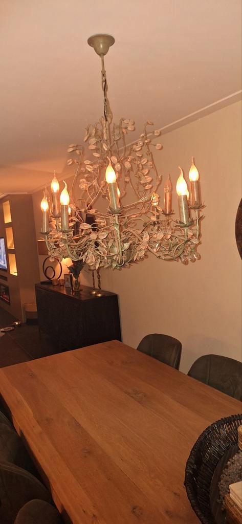 Bronzen  kleurige kroonluchter met 12 armen + plafonniere, Huis en Inrichting, Lampen | Kroonluchters, Gebruikt, Metaal, Ophalen