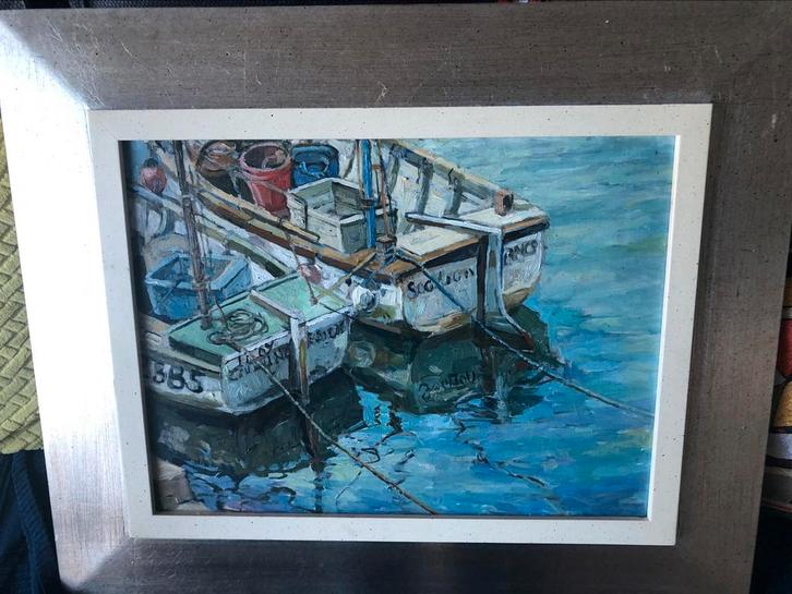 Vissersboten in haven van Cornwall. Door een oude dame, Antiek en Kunst, Kunst | Schilderijen | Klassiek, Ophalen of Verzenden