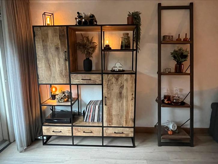 3-delige mangohouten kasten met stalen frame., Huis en Inrichting, Kasten | Wandmeubels, Zo goed als nieuw, Minder dan 100 cm