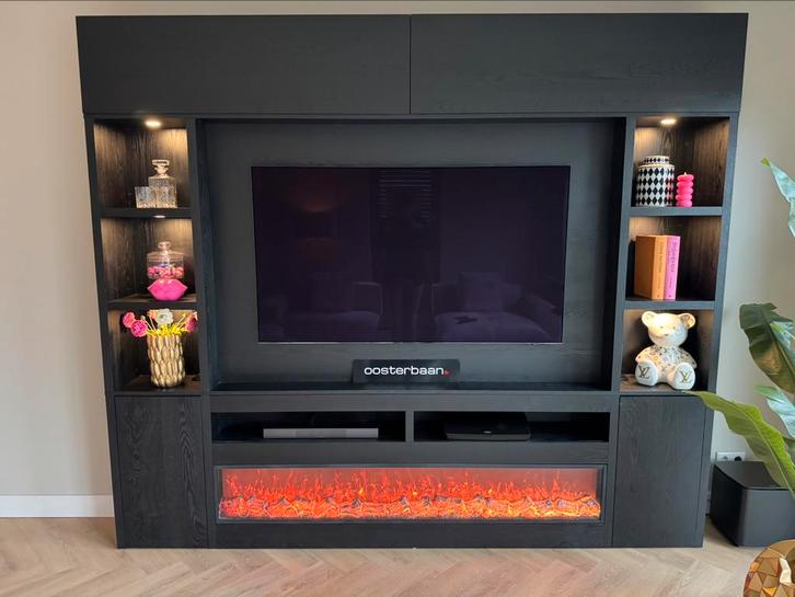 Luxe Black Oak Cinewall met haard & verlichting NIEUW Uniek, Huis en Inrichting, Kasten | Televisiemeubels, Nieuw, Minder dan 100 cm