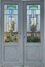 Set art deco openslaande glas in lood deuren 218x146cm., Ophalen