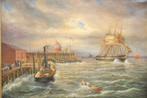 Groot olieverf schilderij - schepen in Cuxhaven, Ophalen