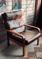 Vintage fauteuil teak deens design L. Olsen & Søn, Huis en Inrichting, Fauteuils, Leer, Ophalen of Verzenden, Zo goed als nieuw