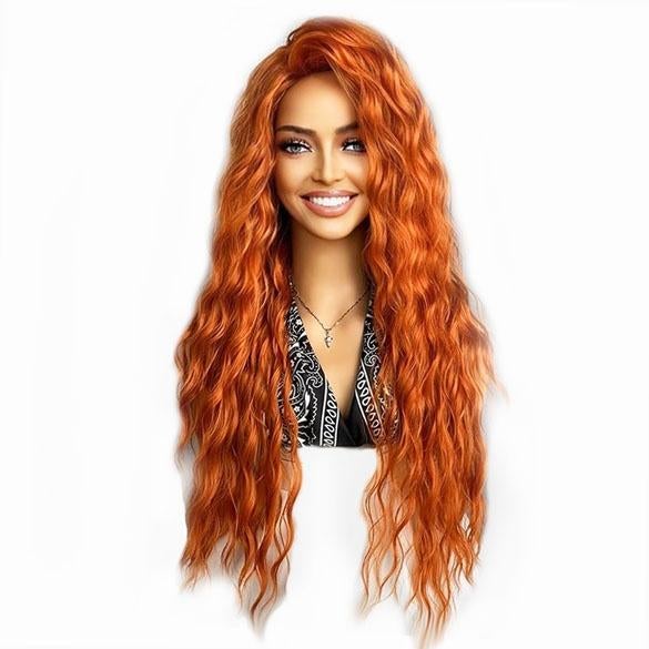 Oranje pruik met lang haar wave slagen, Verzenden, Nieuw, Pruik of Haarverlenging