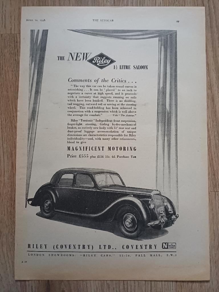 Originele Riley advertentie uit 1946, Verzenden, Zo goed als nieuw, Overige merken