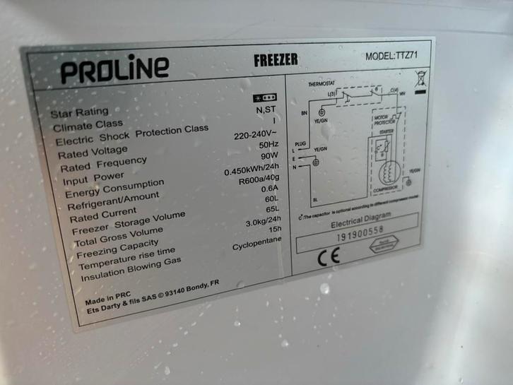 Proline Vrieskist - Model TTZ71, Witgoed en Apparatuur, Vriezers en Diepvrieskisten, Gebruikt, Minder dan 85 cm, Minder dan 60 cm