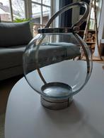 Windlicht, glas met chroom hengsel. 25 cm breed, 28 hoog, Huis en Inrichting, Woonaccessoires | Kandelaars en Kaarsen, Ophalen