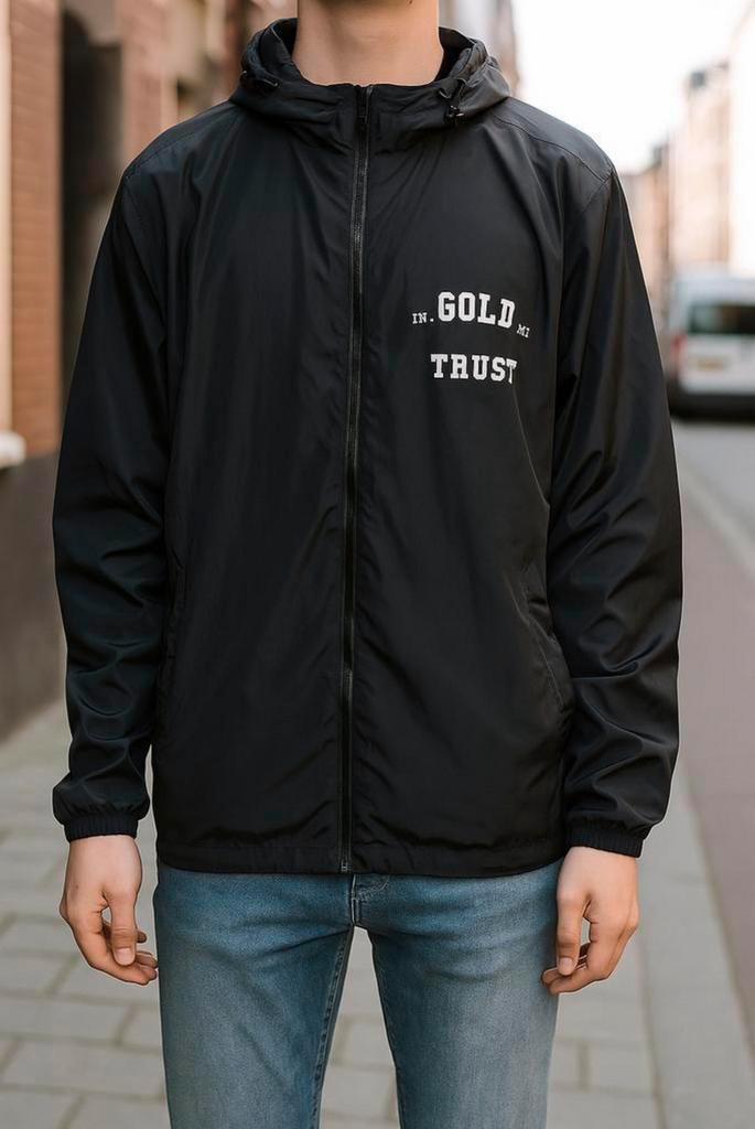 Dubbelzijdige Windbreaker – In Gold We Trust – Maat L, Kleding | Heren, Jassen | Zomer, Zo goed als nieuw, Maat 52/54 (L), Zwart