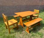 Grenen tafel met stoelen-bankjes, Huis en Inrichting, Tafels | Eettafels, Ophalen, Gebruikt, 100 tot 150 cm, 50 tot 100 cm