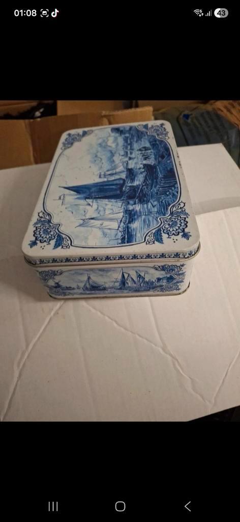 Vintage Koekjesblik met Delfts Blauw Motief, Antiek en Kunst, Antiek | Tin, Ophalen of Verzenden