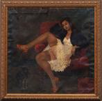 Harry Maas, olieverf op doek dame met poes 90 x 90, Ophalen of Verzenden