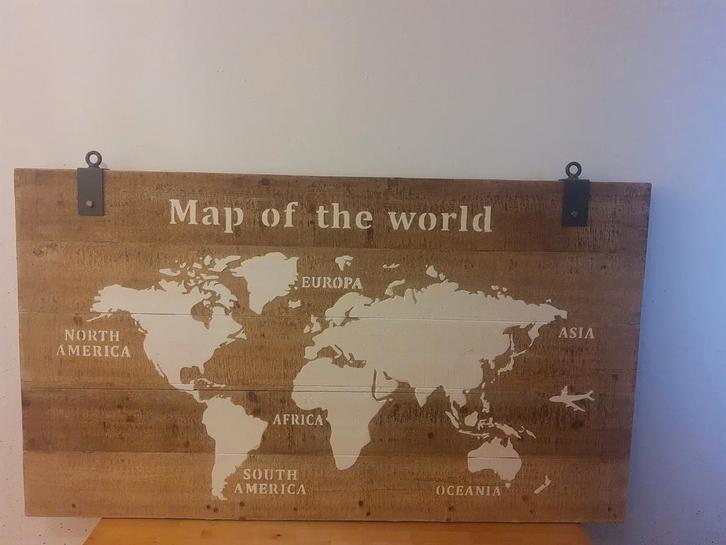 Houten Wereldkaart Schilderij - 140x80 cm, Huis en Inrichting, Woonaccessoires | Wanddecoraties, Gebruikt, Ophalen