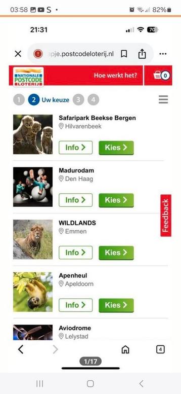 Postcodeloterij kaartjes 2 voor € 35.00 diertuin pretpark  beschikbaar voor biedingen