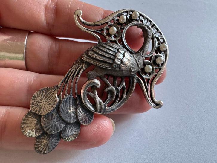 Grote zilveren broche/ hanger pauw met parels, Sieraden, Tassen en Uiterlijk, Broches, Zo goed als nieuw, Zilver, Zilver, Ophalen of Verzenden