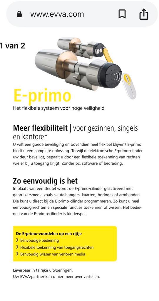Evva E-primo elektronische deurcilinder, Doe-het-zelf en Verbouw, Alarmsystemen, Gebruikt, Compleet systeem, Raam of Deur, Ophalen of Verzenden