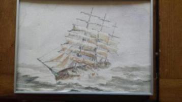aquarel driemaster zeilschip gesigneerd. beschikbaar voor biedingen