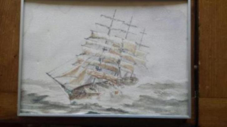aquarel driemaster zeilschip gesigneerd., Antiek en Kunst, Kunst | Schilderijen | Klassiek, Ophalen