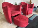 3 Leolux fauteuils met 2 hockers alcantara cerise, Huis en Inrichting, Fauteuils, Ophalen, Gebruikt, Stof, Modern