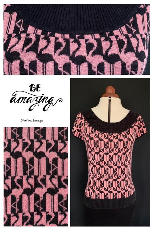 KING LOUIE retro zwart roze Flamingo truitje-M🌸🦩, Kleding | Dames, Truien en Vesten, Zo goed als nieuw, Maat 38/40 (M), Roze