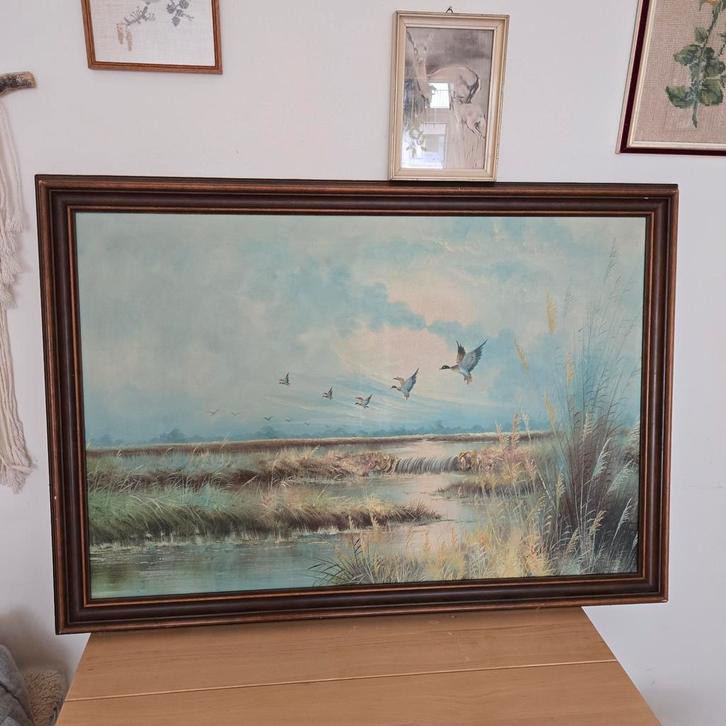 Groot vintage Schilderij met Vliegende Eenden, Antiek en Kunst, Kunst | Schilderijen | Klassiek, Ophalen