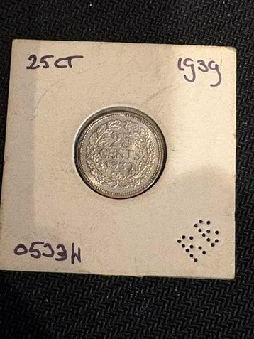 25 cent 1939, nederland, munt, zilver, wilhelmina, coint beschikbaar voor biedingen