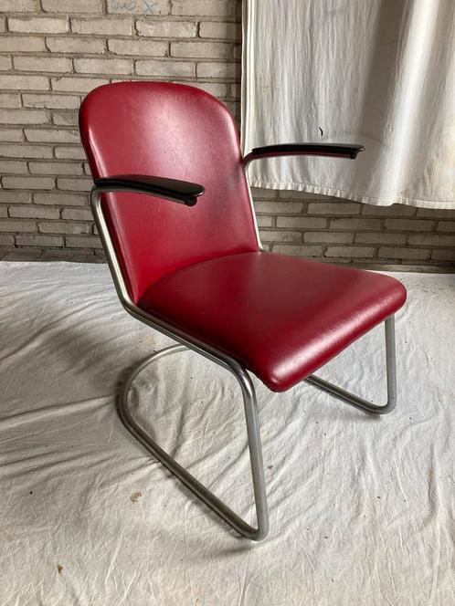 Oude Mat Chroom Gispen 413 Fauteuil Authentiek Bordeauxrood, Huis en Inrichting, Fauteuils, Zo goed als nieuw, Leer, Metaal, 50 tot 75 cm