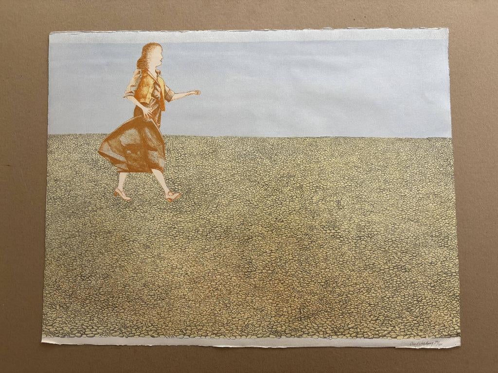 Litho meisje op kiezelstenen, Antiek en Kunst, Ophalen of Verzenden