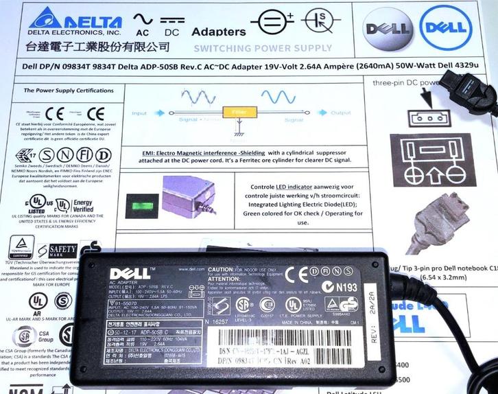 Dell 09834T ADP-50SB 4329U 6500476 19V 2.64A 50W AC Adapter, Computers en Software, Laptop-opladers, Zo goed als nieuw, Ophalen of Verzenden