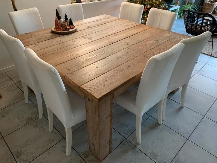 Steigerhouten tafel met 8 stoelen, Huis en Inrichting, Complete eetkamers, Zo goed als nieuw, 4 tot 6 stoelen, Ophalen of Verzenden