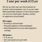 Ervaren schoonmaakster gezocht –3 uur per week (€15 per uur), Huis en Inrichting, Ophalen of Verzenden, Nieuw
