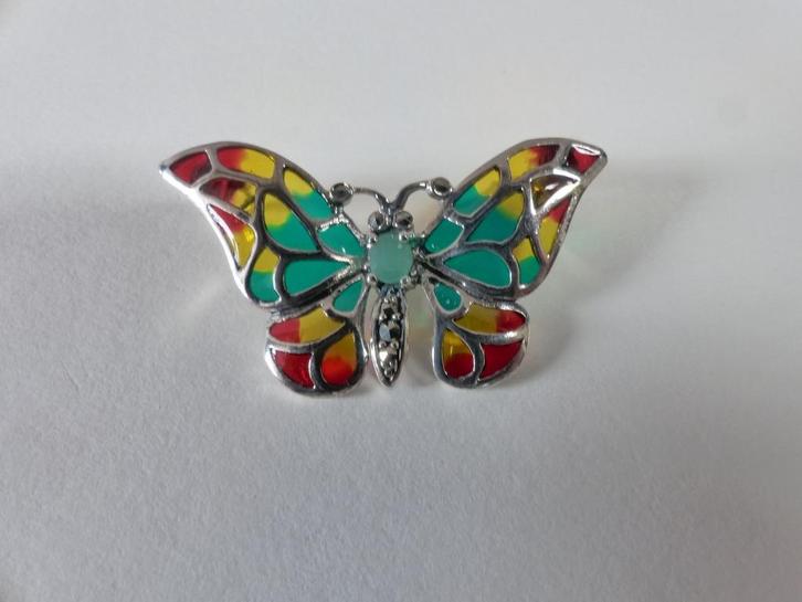 Mooie Zilveren Tiffany Vlinder met Smaragdje Hanger / Broche, Sieraden, Tassen en Uiterlijk, Antieke sieraden, Hanger, Zilver