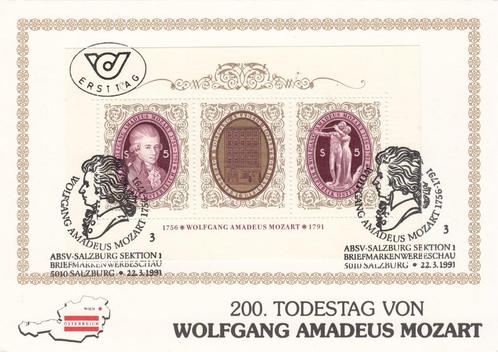 Mozart 200e Sterfdag op kaart Oostenrijk met blok Michel 10, Postzegels en Munten, Brieven en Enveloppen | Buitenland, Briefkaart