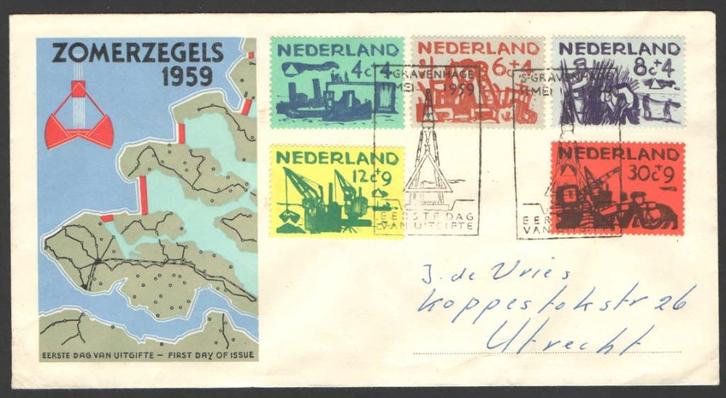 Nederland FDC E38 Met Adres, Deltawerken 1959, Postzegels en Munten, Postzegels | Eerstedagenveloppen, Beschreven, Nederland, Ophalen of Verzenden